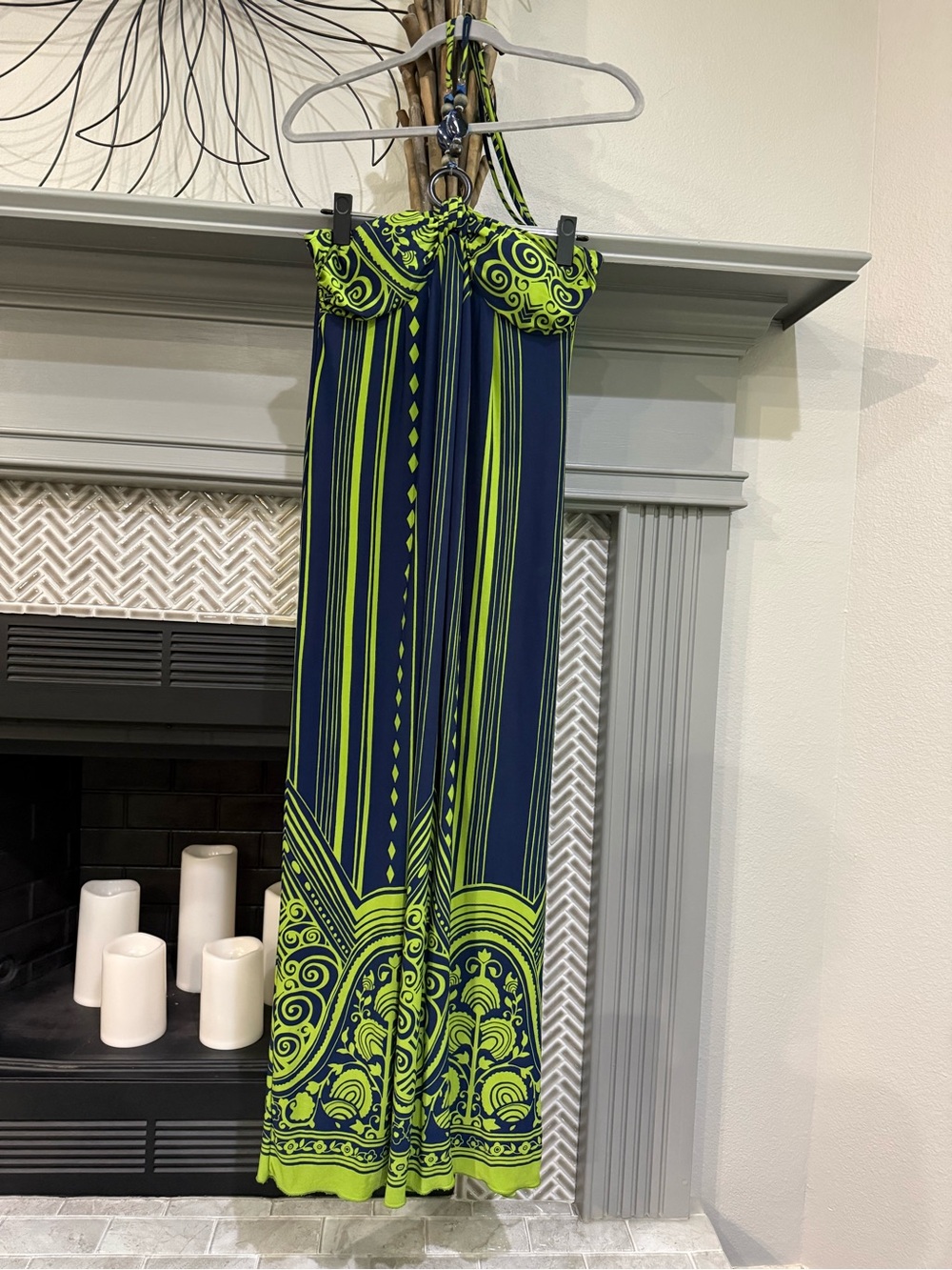 Carole Little Strapless Maxi Dress in  Green and Navy Blue